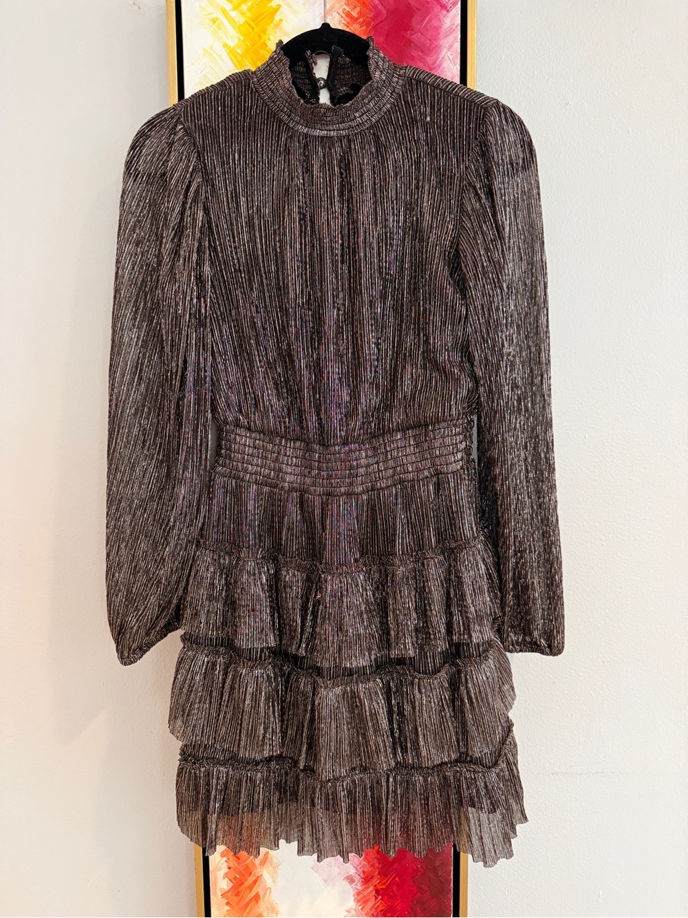 CeCe Metallic Black Tiered Long-Sleeve Mini Dress